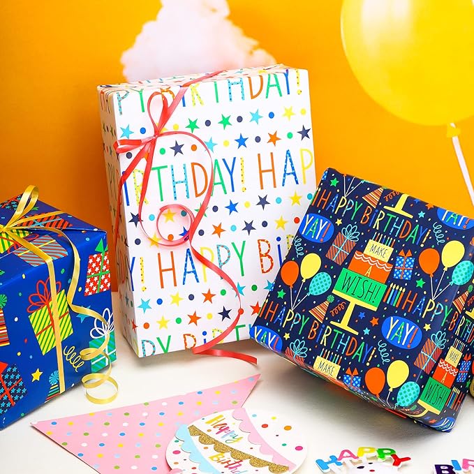 MAYPLUSS Blue Birthday Wrapping Paper Roll - 17 X 120 Inch - Colorful Happy Lettering, Cake, Gift Box Pattern for Kid Boys Party, Baby Shower, Holiday