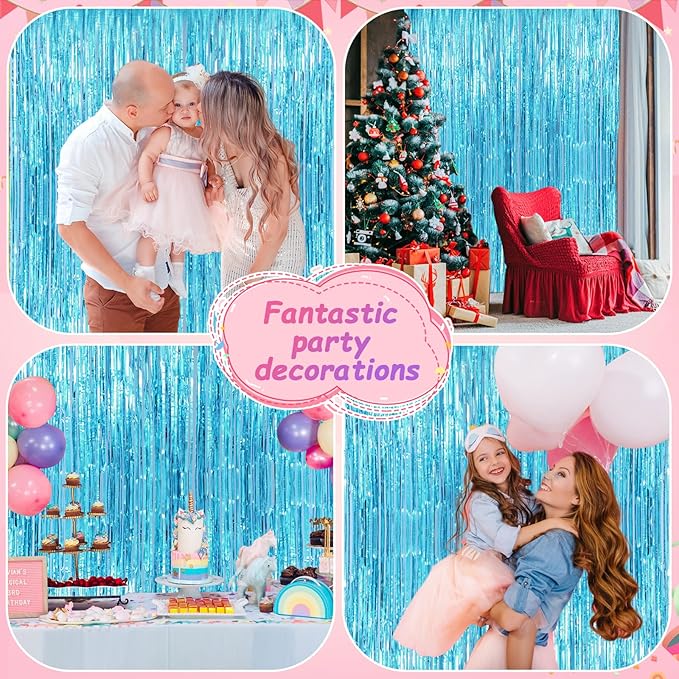 Light Blue Metallic Tinsel Foil Fringe Curtains Backdrop 2Pack 3.3x8.3Ft Blue Party Streamers for Birthday Party Decorations Halloween Christmas Decors Foil Curtain Backdrop for Bachelorette Wedding
