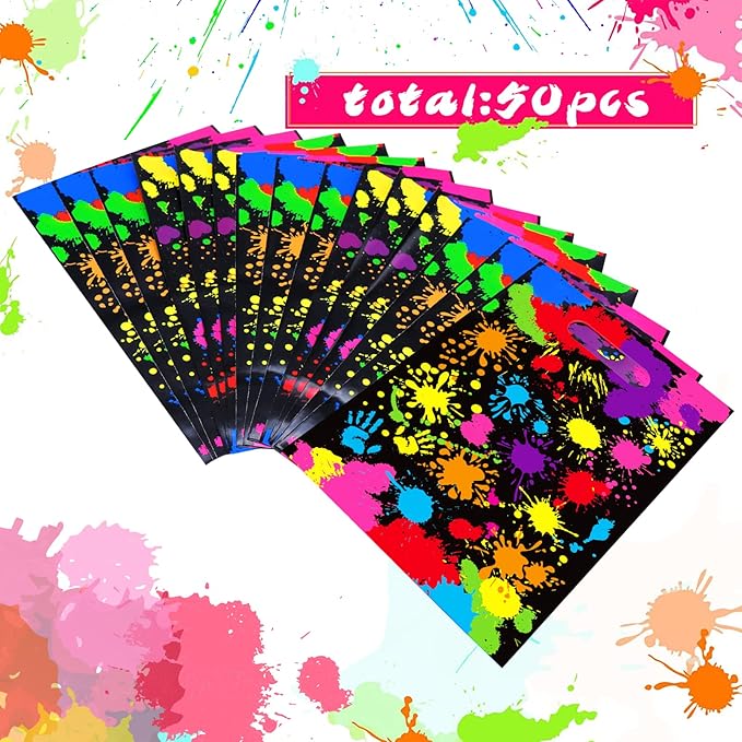 Neon Party Favors Gift Bags 50 Pcs Art Paint Splatter Colorful Goodie Bags Plastic Candy Treat Bags with Handles for Birthday Shower Neon Retro 80's 90's Theme Party Supplies Decorations