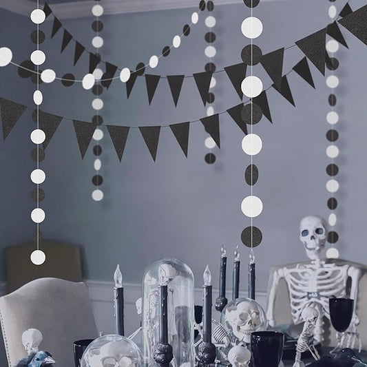 Cheerland Black and White Party Decoration Gothic Circle Garland Halloween Flag Banner for Summerween Birthday Hanging Streamer Banner Backdrop Wedding Baby Anniversary Graduation Shower Party Supply