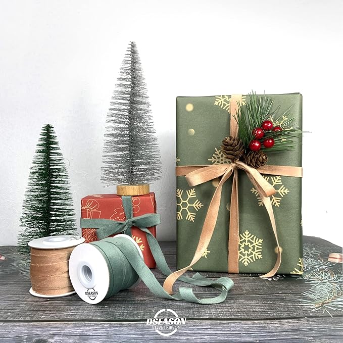 Velvet Ribbon Set 3/8" x 10 Yards, 2 Rolls 20 Yards, Dseason Handmade Nude Velvet Ribbon Set for Gift Wrapping & Bow Making, Christmas Tree, Wreath Decoration, DIY Crafts Decoration