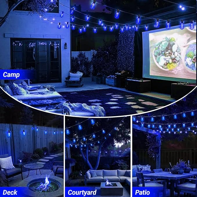 LAMPHOME 2-Pack 26Ft ST38 Outdoor String Lights, Blue LED Shatterproof Patio Lights with 12+1 Edison Bulbs, Perfect for Hanukkah, Bistro, Christmas & Party Decorations