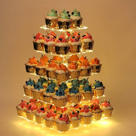 YestBuy 5 Tier Cupcake Stand for 60 Cupcakes,Clear Acrylic Cupcake Tower with Yellow LED Lights and 4.7" Clear Tiers, Perfect for Weddings, Birthdays and Dessert Tables