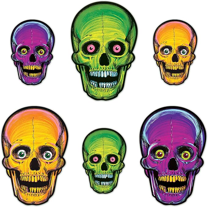 Beistle 1456 Vintage Halloween Nite-Glo Skull Cutouts, 12 Piece, 8.5" & 12.75", Multicolored