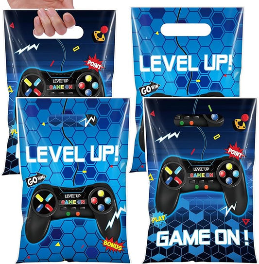 Pajean 50 Pcs Video Game Party Pouch Game on Party Favor Bags Goodie Gift Plastic Treat Candy Pouch Bulk with Handle for Kids Boy Birthday Baby Shower Supplies(Blue)
