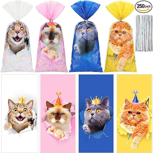 Hotop 100 PCS Cat Cellophane Bags Gift Treat Goodie Candy Party Favor Bag with 150 Ties Kitty Themed Birthday Decorations Supplies for Kids Home Classroom Baby Shower
