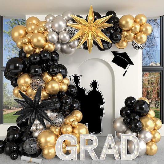 Amandir Black and Gold Balloons Arch Kit for Graduation Party Decorations, 145Pcs Black Gold Silver Confetti Balloons with Foil Star for 2026 Graduation College Congrats Grad Class Birthday Supplies