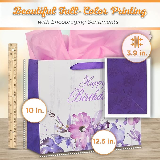 Christian Art Gifts Three Piece Landscape Gift Bag w/Card & Tissue Paper Set for Women: Happy Birthday - White & Purple Blooming Spring & Summer Floral for Moms, Grandmas, Sisters, Girlfriends, Large