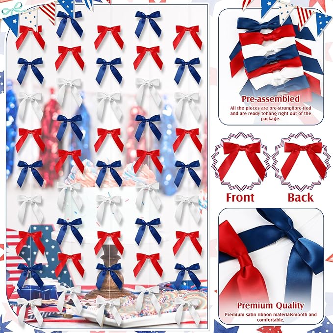 Taobary 8 Pcs 6.6 ft Bow Garland, Satin Ribbon Bow Banner Coquette Hanging Ornament for Photo Backdrop Birthday Party Wedding Bridal Baby Shower Wall Decorations(Red, Blue and White,1 Inch)