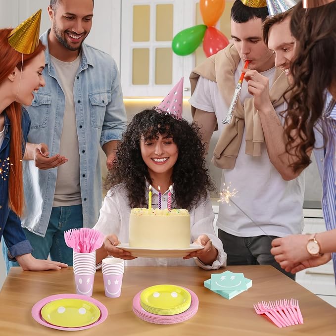 Kochorie 144 Pcs Preppy Smile Party Tableware Supplies, Disposable Paper Plates Napkins Cups Forks Set, Serves 24 Guests for Smile Face Theme Baby Shower Birthday Party Decorations