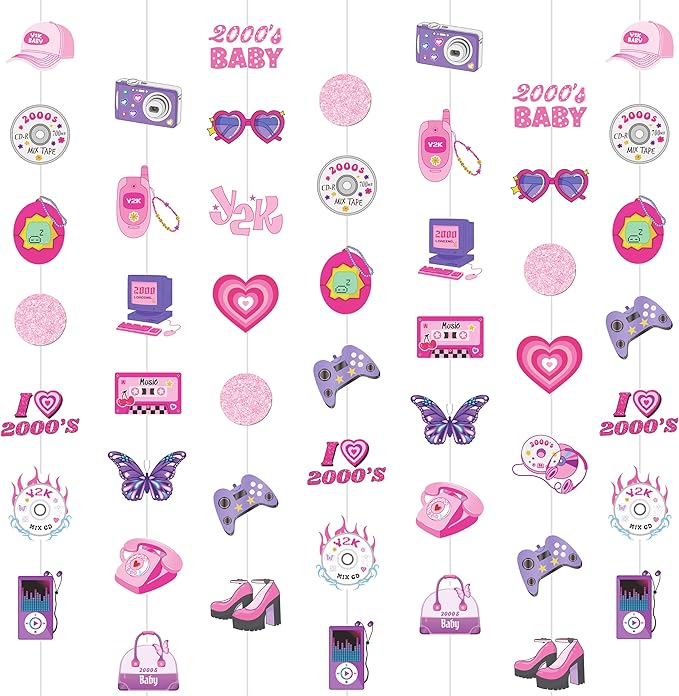 6pcs Y2k 2000s Party Haning Garlands Y2K Party Decorations Early 2000s Pink Party Hanging Decorations for 00s Hot Girls Women Teen Pink Birthday Party Supplies