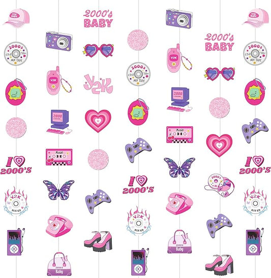 6pcs Y2k 2000s Party Haning Garlands Y2K Party Decorations Early 2000s Pink Party Hanging Decorations for 00s Hot Girls Women Teen Pink Birthday Party Supplies