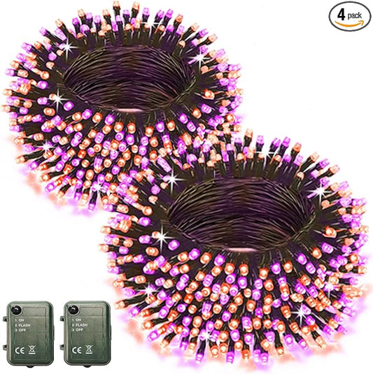 Pooqla Halloween Lights Battery Operated, Indoor Outdoor String Lights Total 200LED 16.6Ft*4, 50LED*4 Waterproof Fairy Lights for Halloween Decor, Orange and Purple, 4 Pack