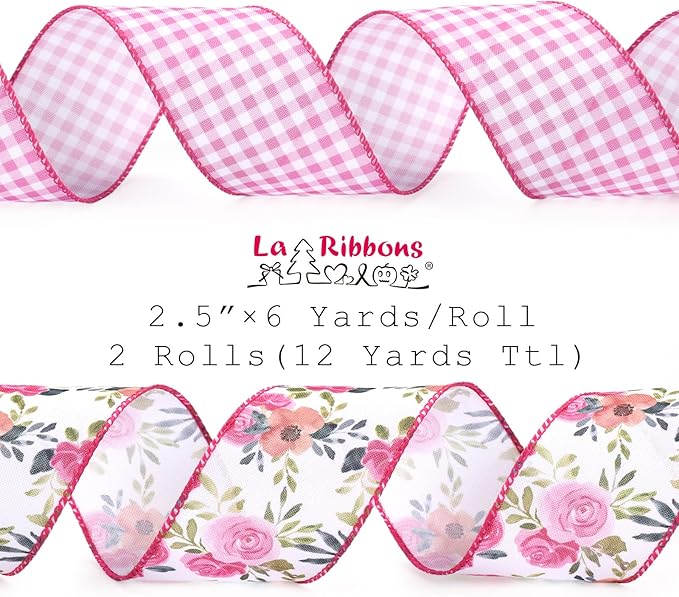 LaRibbons Floral Ribbon Wired 2 Rolls 2.5 Inch x 12 Yards TTL, Flower Pink and White Plaid Spring Summer Ribbon with Rose Printed for Wreath Crafts Wrapping Bow