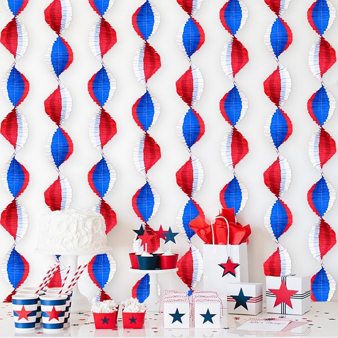 Patriotic Crepe Paper Streamers, 6 Rolls Red, Blue and White Party Streamers for Independence Day 4th of July USA Theme Party Decorations