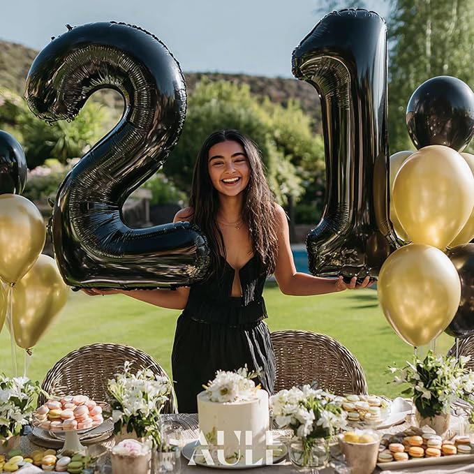 AULE 40 Inch Jumbo Black Foil Mylar Number Balloons for Men Women 21st Birthday Party Decorations 21 Years Old Anniversary Party Supplies