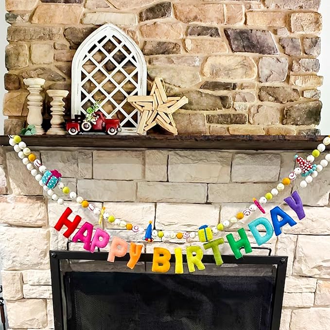 Pre-Strung Happy Birthday Banner, Colorful Felt Ball Garland, Felt Party Hats, Birthday Candles, Personalized Banner Sign for Holiday Decor Birthday Party Decoration