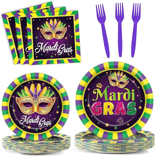 96Pcs Mardi Gras Party Supplies Mardi Gras Paper Plates Napkins Forks Colorful Mardi Gras Decorations Dinnerware Disposable Party Favors Mardi Gras Party Decorations for Party Tableware Serves 24
