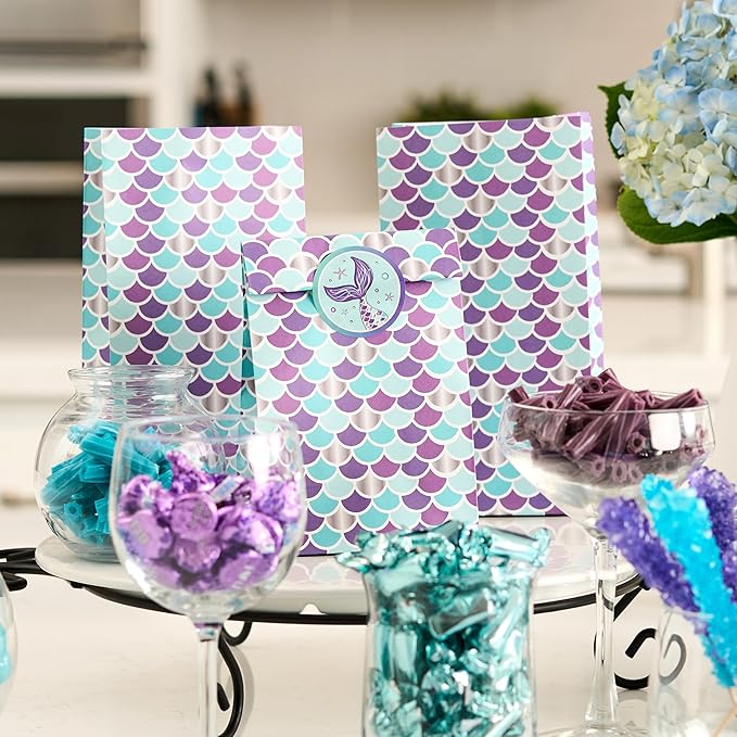 ROYAL BLUEBONNET Purple Mermaid Party Favor Bags and Stickers- 24 Little Mermaid Candy Bags for Girls Birthday Party, Small Goodie Favor Treat for Thank You Table for Birthday for Girls, Tweens, Kids
