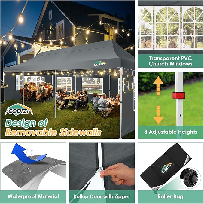 COBIZI 10x30 Pop Up Canopy with 8 Removable Sidewalls Party Tents for Parties Wedding Patio Commercial Waterproof and UV50+ Ez Outdoor Instant Gazebo with Roller Bag & 4 Sandbags（Slate Grey）