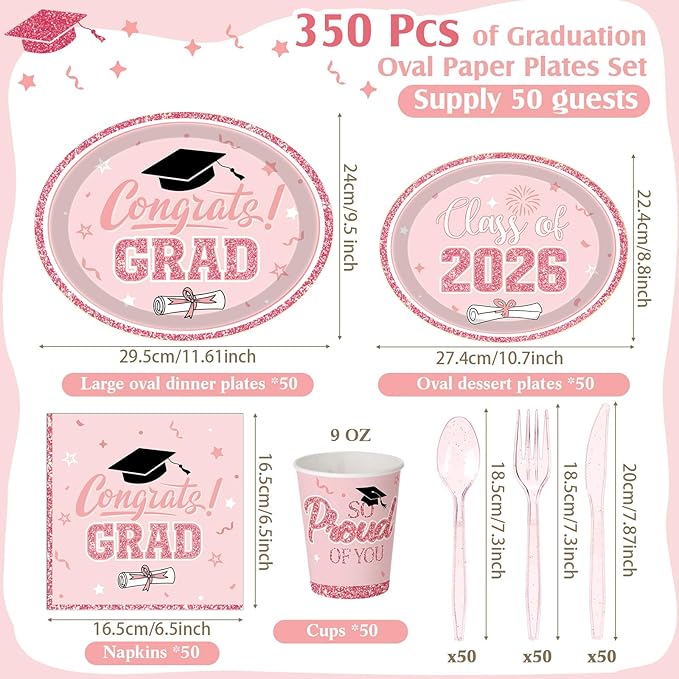 Pajean 350 Pcs Pink and Gold Graduation Decorations Class of 2026 Disposable 12 inch Oval Plates Napkins Heavy Duty Paper Oval Tableware Set for 50 Guests College High School Grad Party Supplies