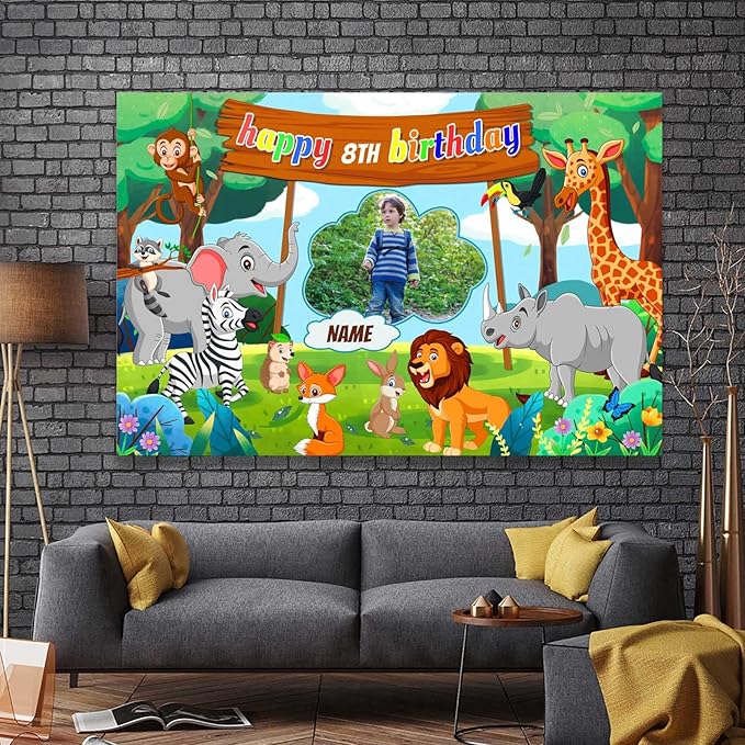 Custom Jungle Safari Happy Birthday Party Decorations Supplies Personalized Jungle Safari Animal Birthday Backdrop Banner(4x6ft)