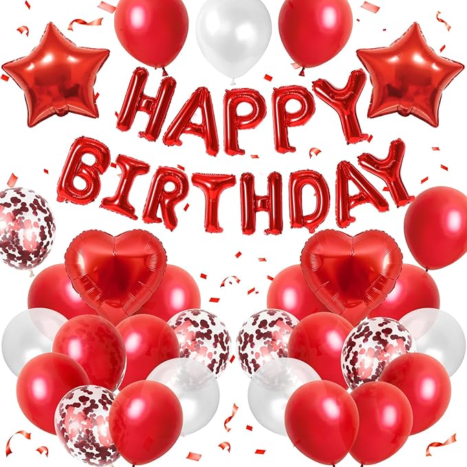 Red Birthday Decorations for Girls,Red and White Balloons Happy Birthdays Banner Balloon Heart and Star Foil Balloons for Women Girls Birthday Baby Shower Party Decorations