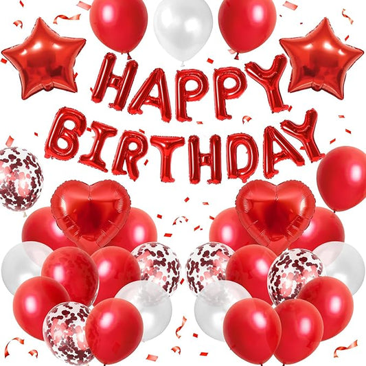 Red Birthday Decorations for Girls,Red and White Balloons Happy Birthdays Banner Balloon Heart and Star Foil Balloons for Women Girls Birthday Baby Shower Party Decorations