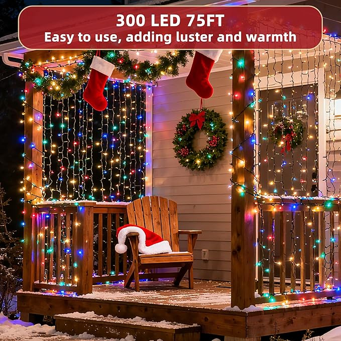 300LED 75FT Christmas Lights Indoor, LED Christmas Tree Decoration Lights with 12 Modes & Timer Memory, Dimmable Plug In Waterproof LED Xmas Light for Yard Trees Wedding Party Holiday Multicolor