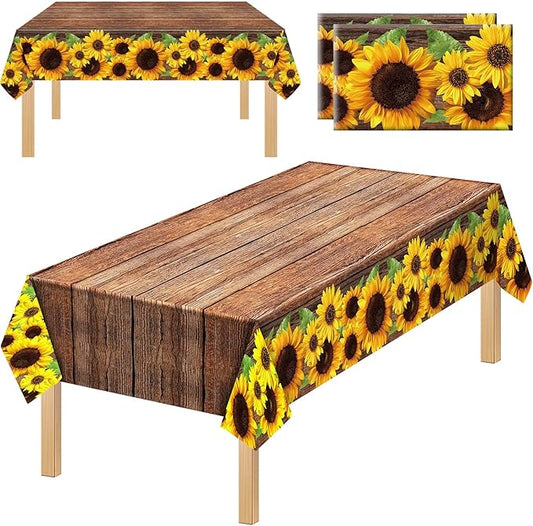 Tegeme 2 Pcs Sunflower Wood Grain Plastic Rustic Tablecloth Vintage Rectangle Table Covers Countryside Outdoor Tablecloth for Dining Table Kitchen Party Banquet, 54 x 108 Inch