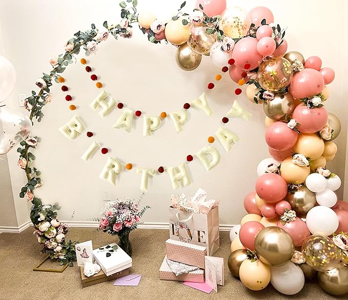 Boho Felt Happy Birthday Banner, Bohemian Birthday Party Decorations,Natural Handmade Wool Letters & Balls, Boho Happy Birthday Garland for kids Birthday Parties Window Door Mantels Decor Ready To Hang