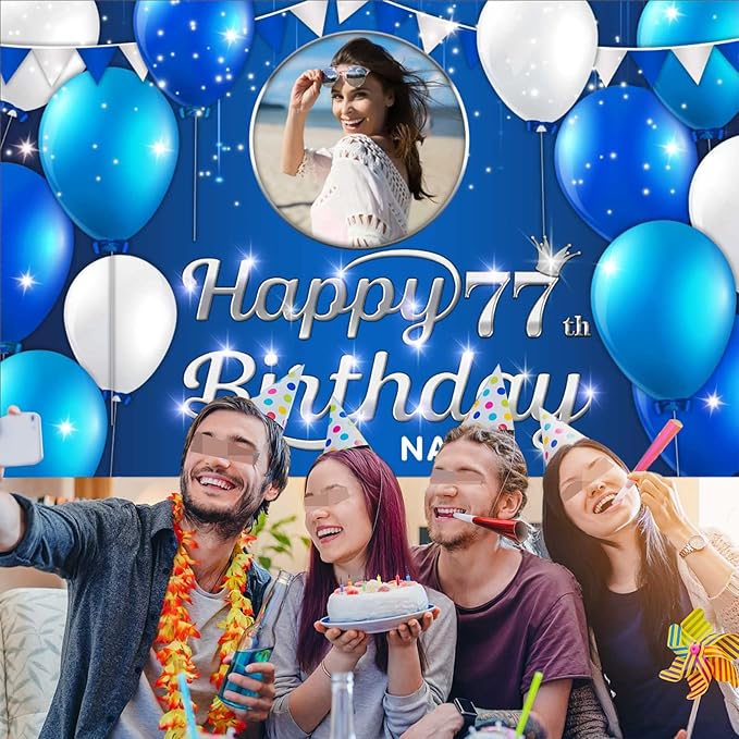 Custom Happy 77th Birthday Decoration Banner - Personalized Navy Blue Birthday Party Banner in Large Sizes-Custom Photos and Names