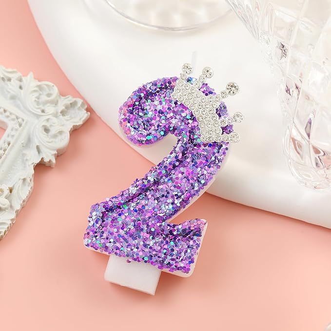 Birthday Number Candles,Purple Crown Birthday Candles for Cake,Glitter Number 2 Candle Cake Topper with Sequins for Anniversary Celebrations Supplies