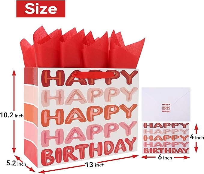 Qirrmiy 13'' Large Red Happy Birthday Gift Bag Set with Handles, Greeting Card, Tissue Papers and Stickers for Women Girls Kids Teens, Words Design, 1 Pcs