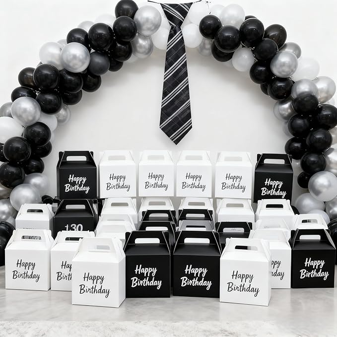 XAGLVV 12-Pack Black Party Favor Treat Boxes (7 x 3.5 x 6.6 Inch) Gable Paper Snack Boxes with Handles& Goodie Gift Bags for Kids Birthday, Wedding, Baby Shower.
