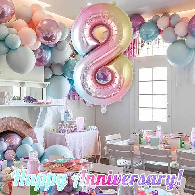Rainbow Gradient Number 8 Balloon, 40 Inch Big Large Foil Number Balloons, Jumbo Giant Mylar Number 8 Balloons for 8 Year Old Birthday Party Decorations Supplies Anniversary Celebration
