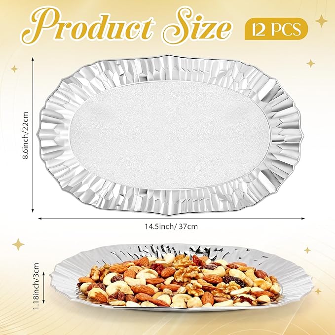 12 Pcs Sliver Plastic Serving Tray Bulk, 14.5" x 8.6" Rectangle Silver Party Platters Reusable Decorative Dessert Table Serving Tray for Graduation Wedding Birthday Party Cupcake Decoration