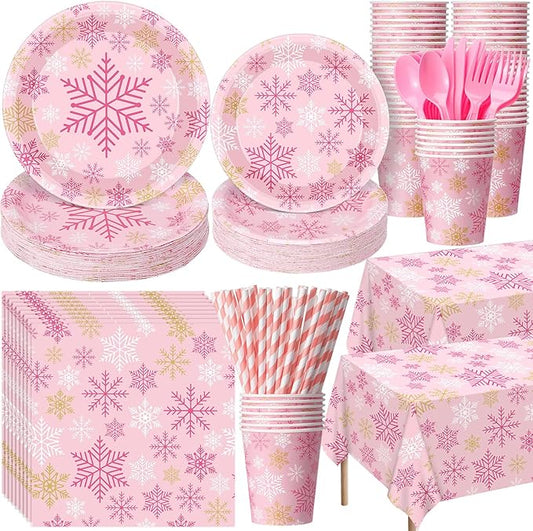 Funnymoom 452 Pcs Pink Snowflake Party Decoration for 50, Pink Gold Winter Snowflake Paper Plates Napkins Cups Tablecloth Cutlery Straws for Winter Baby Shower Wonderland Birthday Supplies