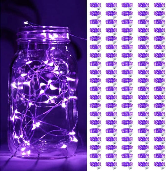 100 Pack Fairy Lights Battery Operated, 7FT 20 Mini LED Silver Wire Twinkle Lights for DIY, Parties, Wedding, Bedroom, Christmas Decoration (Purple)