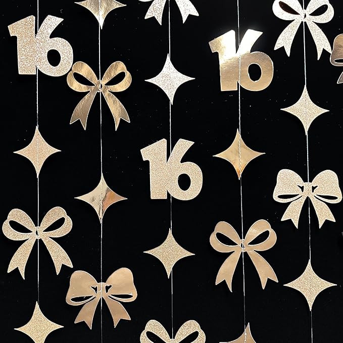 Champagne Gold 16th Bow Birthday Decorations Champagne Conquette Bow Garland Streamer Banner Backdrop for Girls Boys Happy 16th Birthday Sweet Sixteen Cheers to 16 Years Old Anniversary Party Supplies