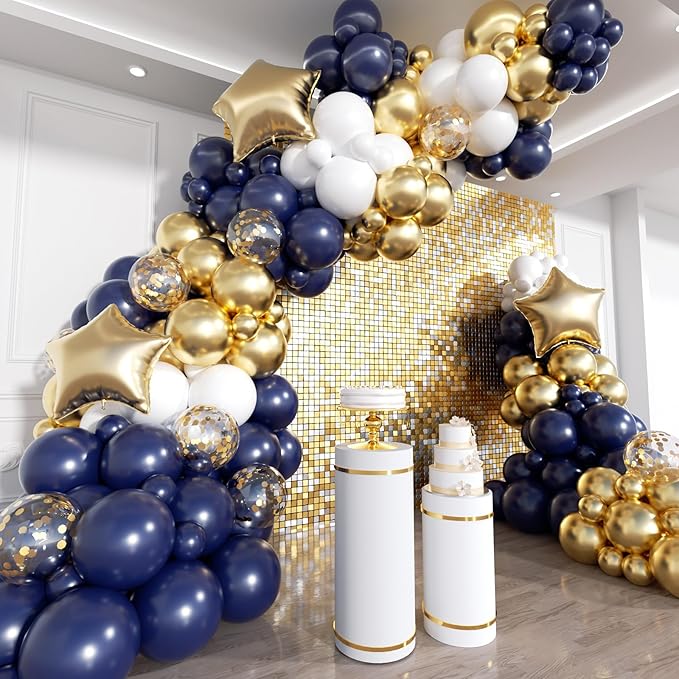 Blue and Gold Balloon Arch Kit, 188Pcs Gold Star Balloons with Navy Blue and Gold White Latex Balloon Garland kit, Different Size Balloons for Anniversary Wedding New Year Birthday Decorations