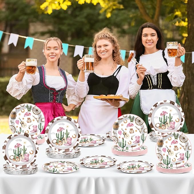 Naozinebi 50pcs Western Cowgirl Party Paper Plates Cowgirl Party Decorations for Girls Pink Western Theme Dessert Plates Wild West Cow Print Tableware Decor for Baby Shower Rodeo Birthday Serves 50
