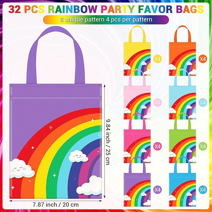 Kajaia 32 Pcs Rainbow Party Favor Bags Rainbow Goodie Bags Reusable Non-woven Pouches with Handle for Baby Shower Birthday Party Supplies, 8 Colors