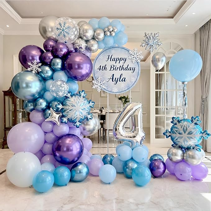 Bezente Frozen Balloons Kit, 60pcs 12 inch Blue Purple Latex Balloons Metallic Silver Helium Balloons for Girls Birthday Wedding Baby Bridal Shower Wonderland Winter Ice Snow Theme Party Decorations