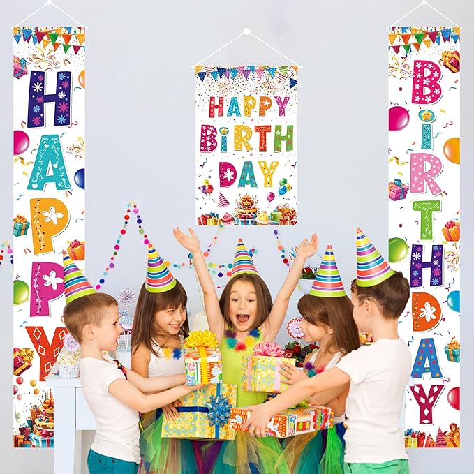 3 PCS Rainbow Happy Birthday Banner Set - Large 72" Photography Backdrop Door Porch Sign Wall Mount Party Decorations for Kids Boys Girls Indoor Outdoor Birthday Party Supplies (White)