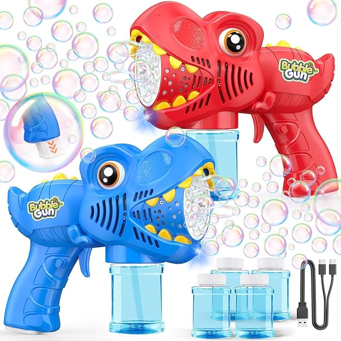 Bubble Machine Gun Kids Toys 2 Pack Rechargeable Bubble Guns with 4 Solutions Bubbles for Kids Toddlers Maker Blower Easter Basket Stuffers Dinosaur Outdoor Toys Valentines Boys Girls