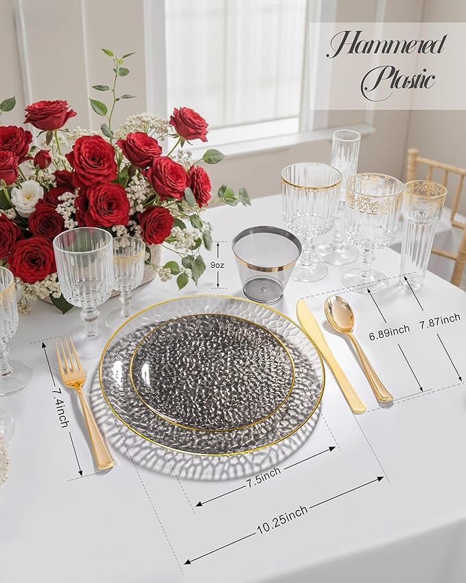 Hioasis 175pcs Black Gold Plastic Plates - Black Plastic Dinnerware Set Includes 25 Dinner Plate, 25 Dessert Plate, 25 Cups, 25 Napkins Perfect for Wedding & Party