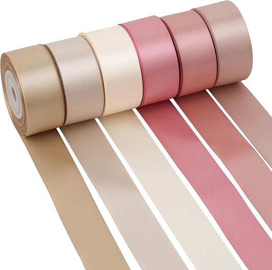MAYREEL 1 Inch Blush Champagne Ribbon Blush Pink and Gold Silk Ribbon for Wedding Bridal Bouquet Mother's Day Decorations 6 Rolls 10 Yards Each Color Total 60 Yards