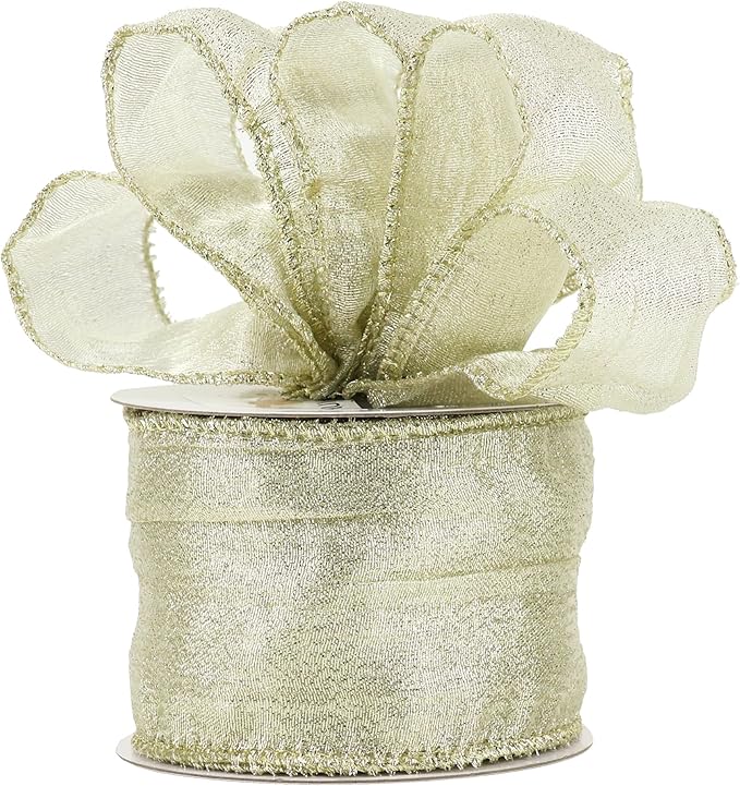 HUIHUANG Champagne Wired Ribbon 2-1/2" Metallic Crinkle Champagne Gold Christmas Ribbon for Xmas Tree, Bows Making, Wreaths, Gift Wrapping, Holiday Home Decor, Garland, DIY Crafts -10 Yards