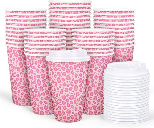 Whaline 50Pcs Leopard Hot Pink Paper Cups with Lids Pink White Paper Coffee Cups Animal Disposable Cup for Hot Drinks Cold Beverage Mother's Day Bridal Baby Shower Birthday Wedding Party Supplies